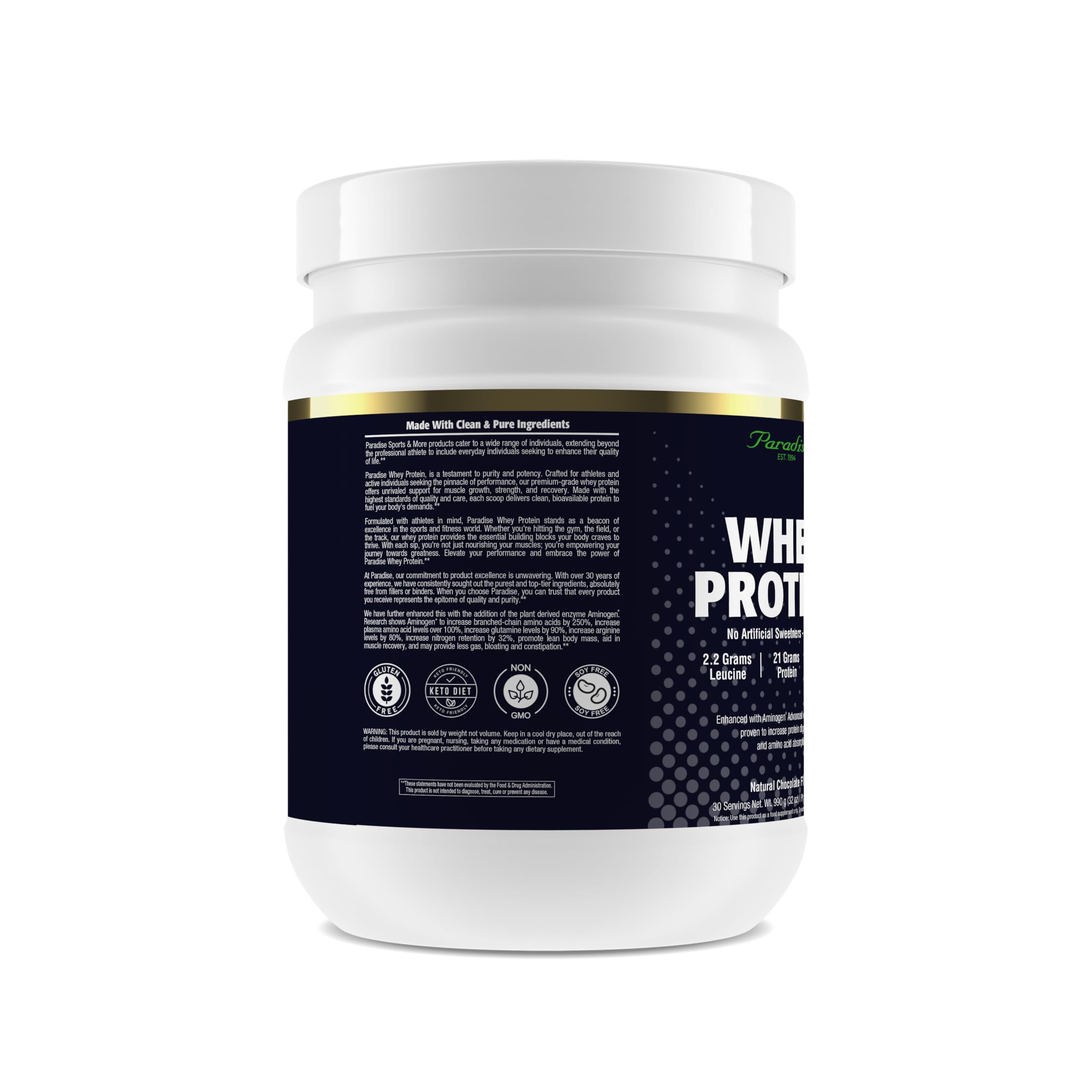 Paradise Herbs whey protein chocolate scoop beside a jar, showcases fast-digesting nutrition.