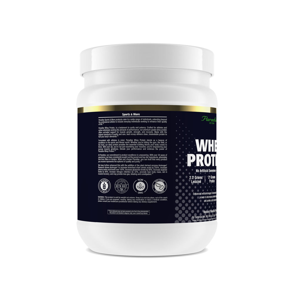 Paradise Herbs vanilla whey protein label highlights soy-free USA-made quality