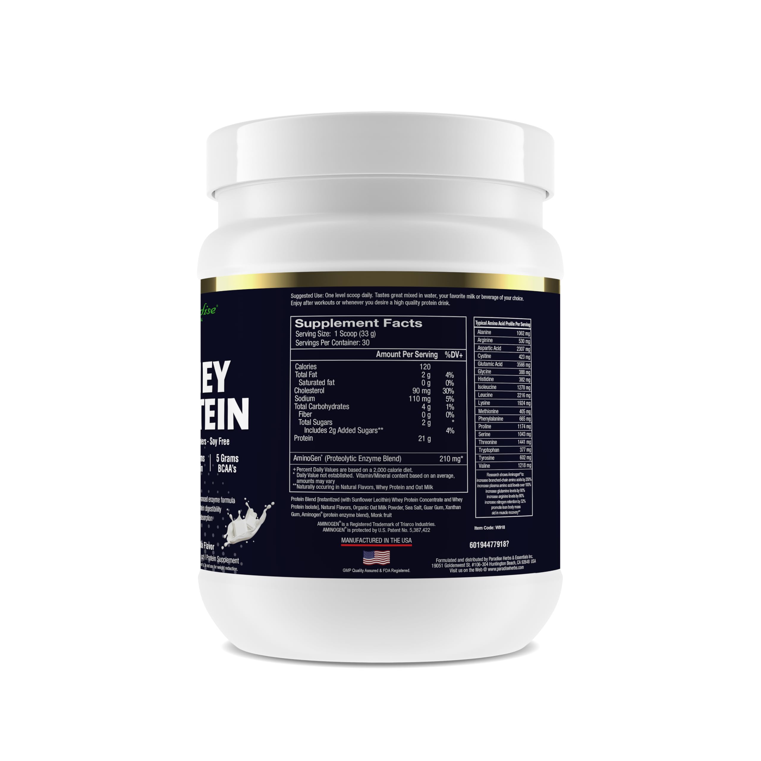 Paradise Herbs vanilla whey protein scoop beside shaker for post-workout fueling