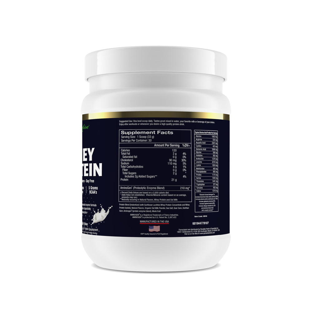 Paradise Herbs vanilla whey protein scoop beside shaker for post-workout fueling