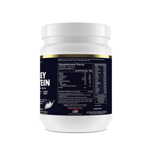 Paradise Herbs vanilla whey protein scoop beside shaker for post-workout fueling