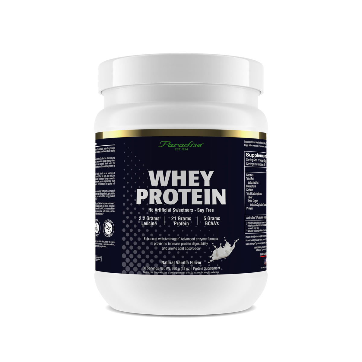 Paradise Herbs whey protein vanilla tub for daily fueling and recovery