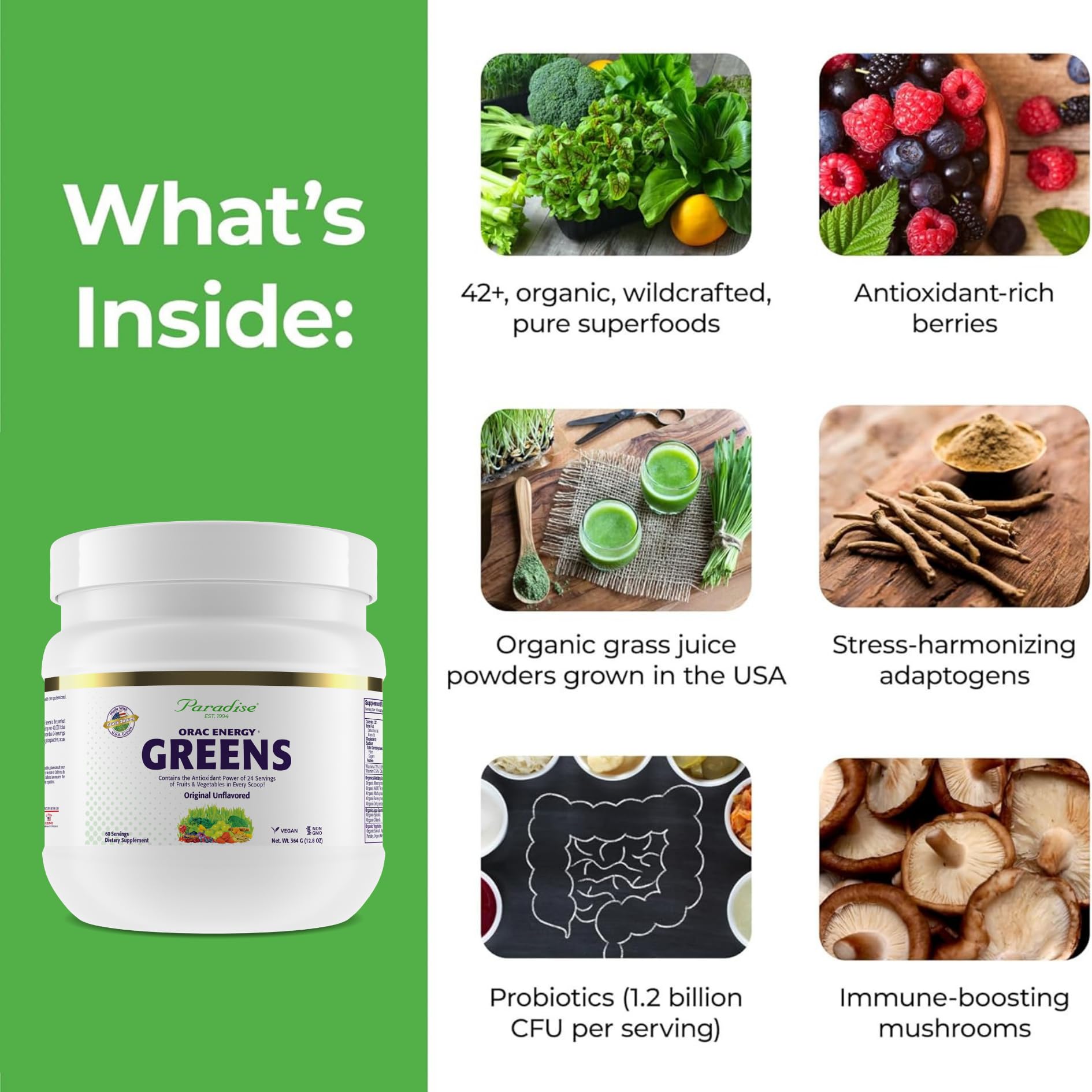 Paradise Herbs ORAC Energy Greens bottle label close-up highlighting non-GMO and gluten-free formula