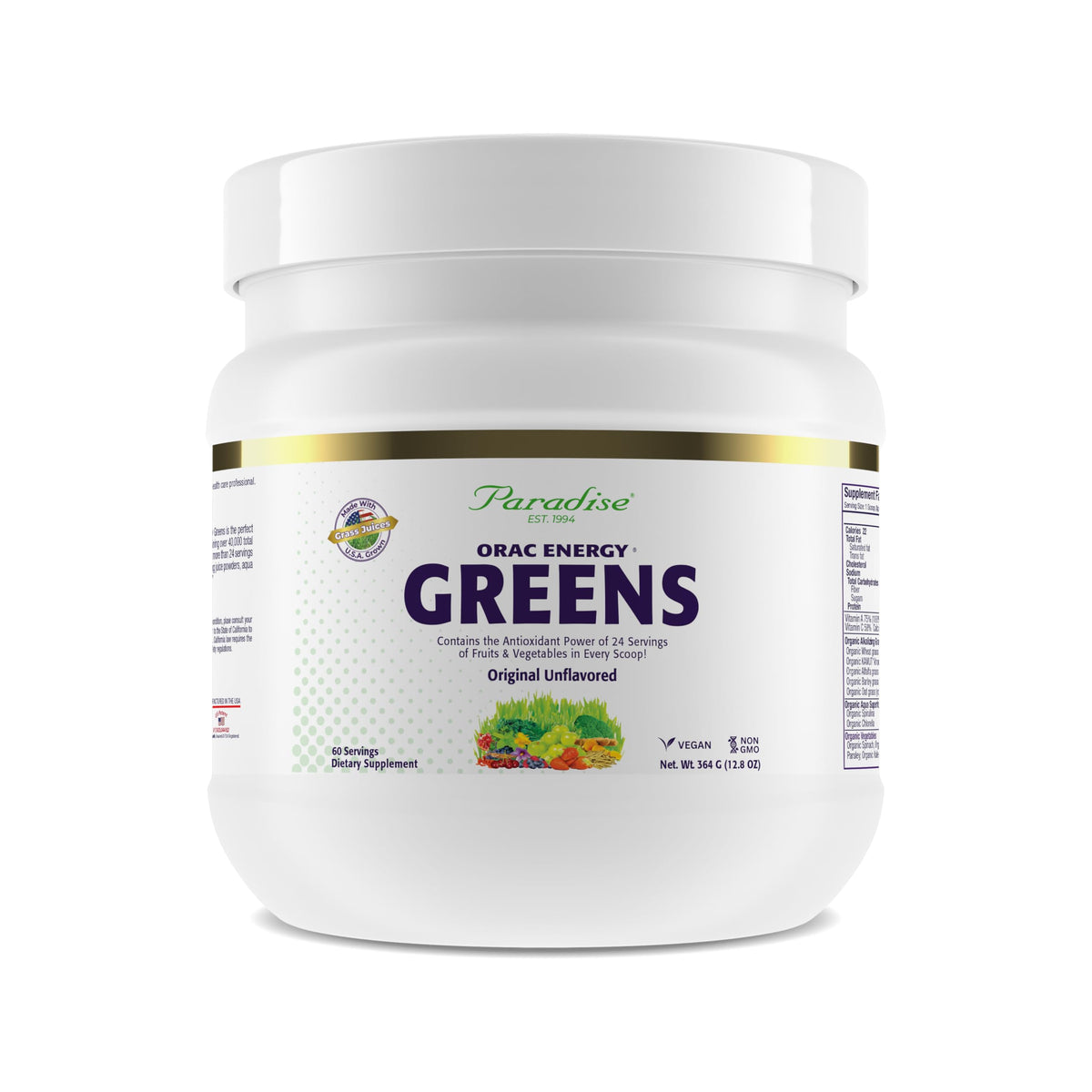 Paradise Herbs ORAC Energy Greens packshot highlighting antioxidant greens blend for daily vitality