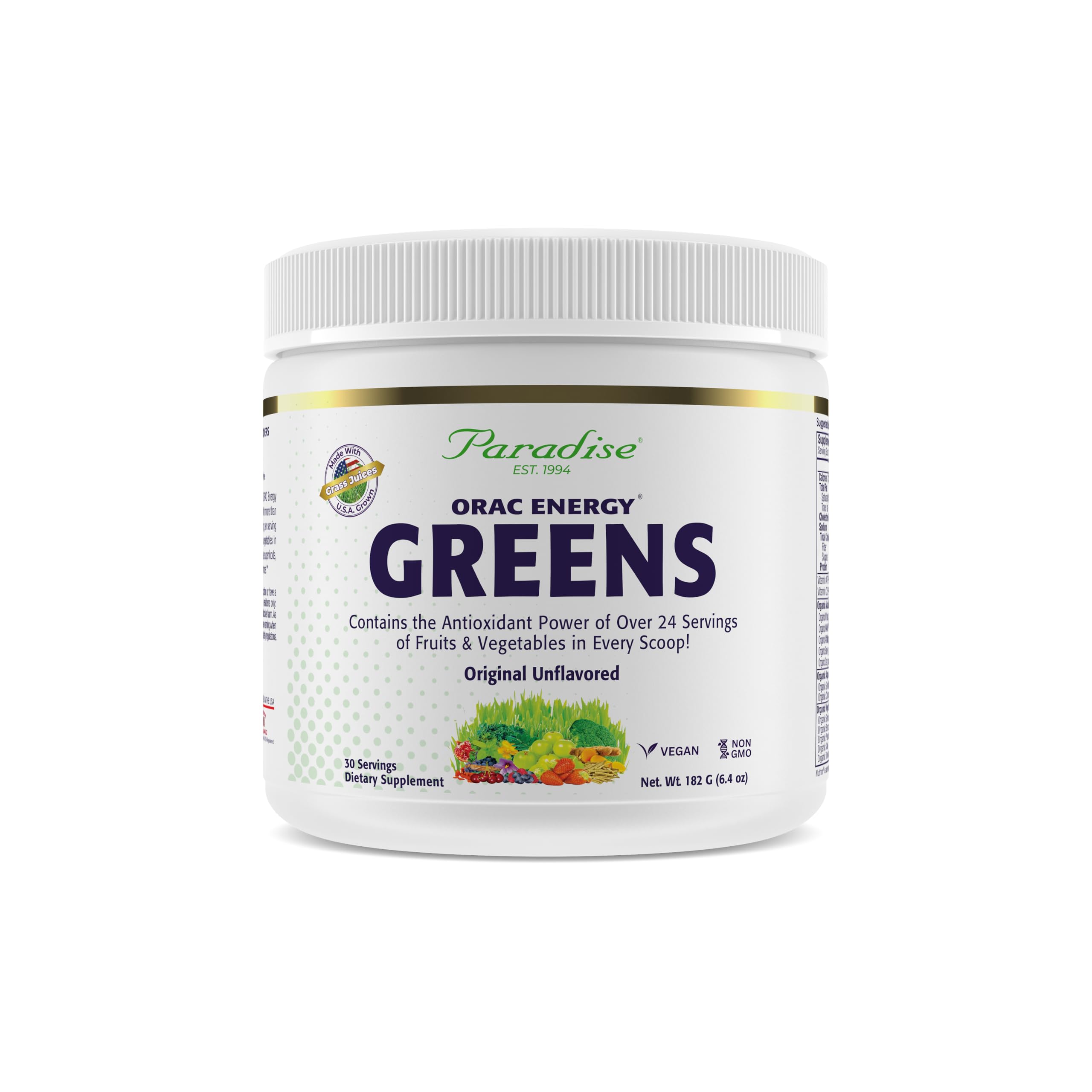 Paradise ORAC Energy Greens powder with scoop promoting daily energy