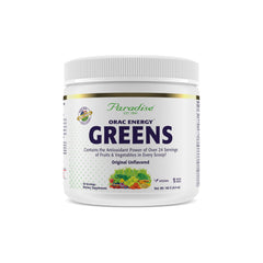 Paradise ORAC Energy Greens powder with scoop promoting daily energy