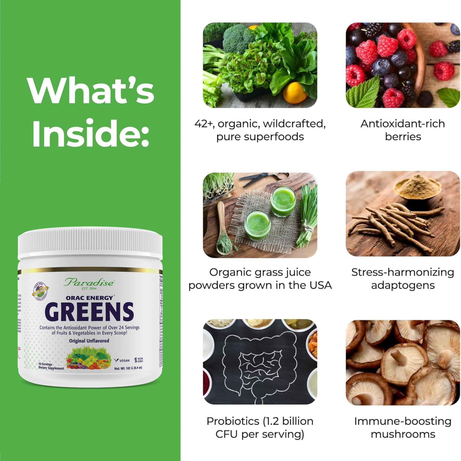 Paradise ORAC Energy Greens with spirulina and chlorella for antioxidant support