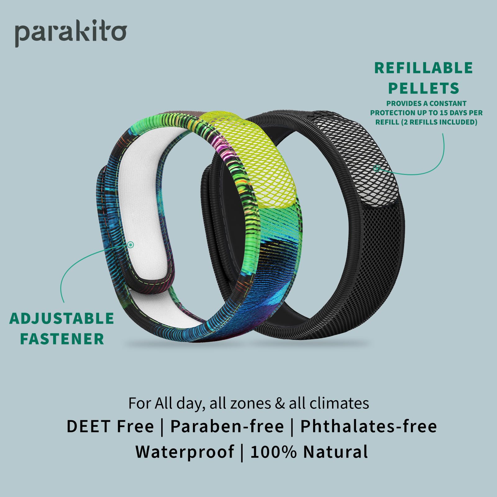 PARA'KITO peacock wristband adds color while providing outdoor protection.