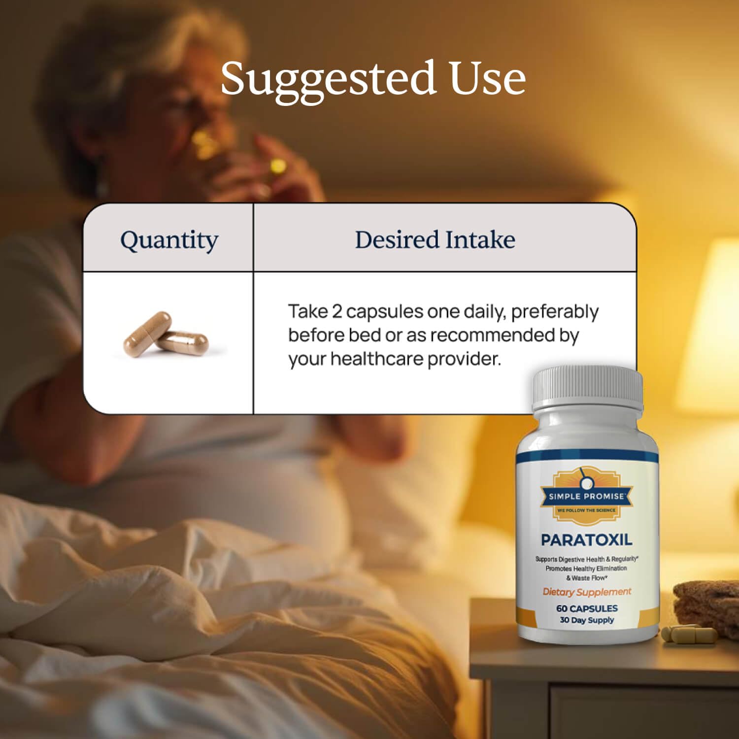 Two Paratoxil capsules with water for an easy daily routine.