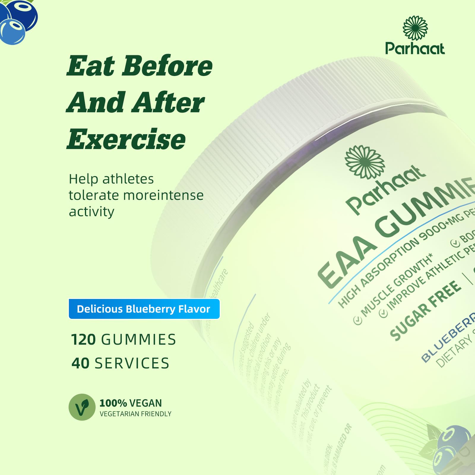 Parhaat EAA Gummies bottle on kitchen counter highlighting gluten-free and vegetarian features.
