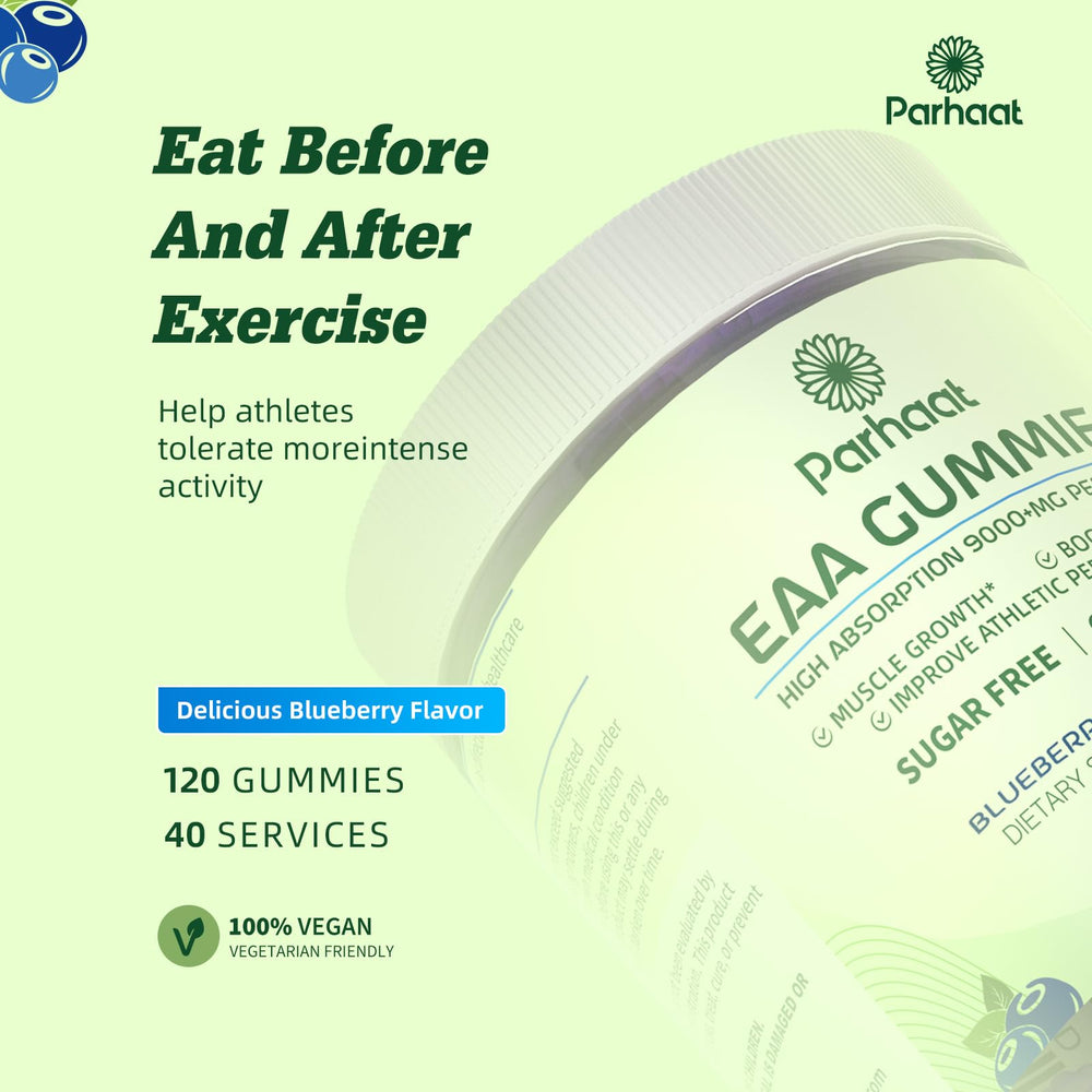 Parhaat EAA Gummies bottle on kitchen counter highlighting gluten-free and vegetarian features.