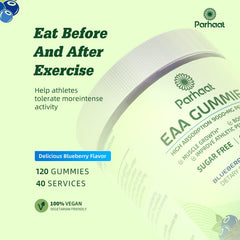 Parhaat EAA Gummies bottle on kitchen counter highlighting gluten-free and vegetarian features.