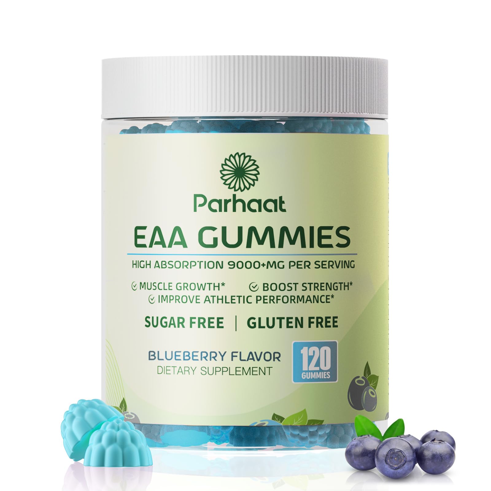 Parhaat EAA Gummies bottle with blueberry flavor for on-the-go amino acid support.
