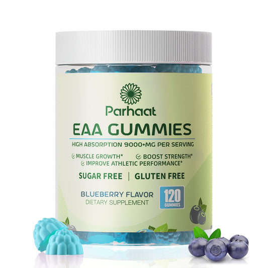 Parhaat EAA Gummies bottle with blueberry flavor for on-the-go amino acid support.
