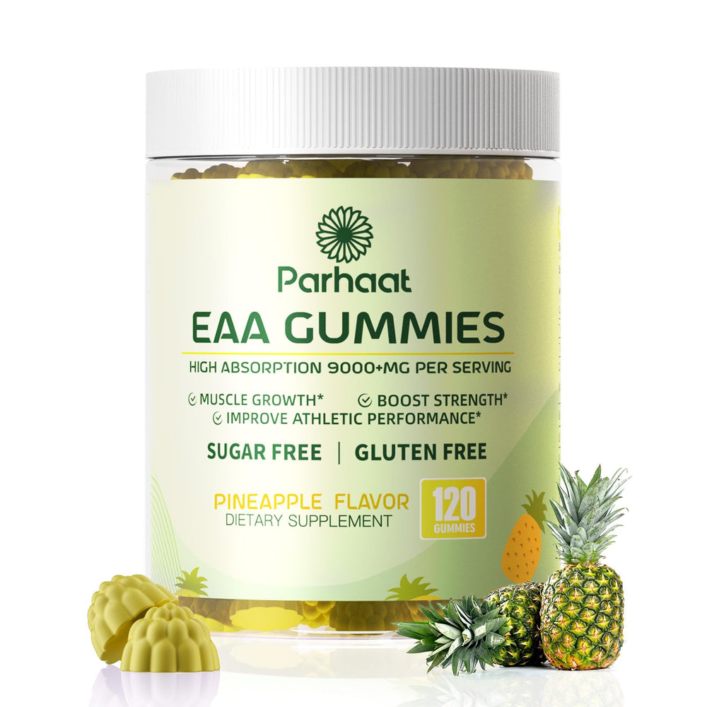 Parhaat EAA Gummies Pineapple bottle showing convenient energy support for workouts.