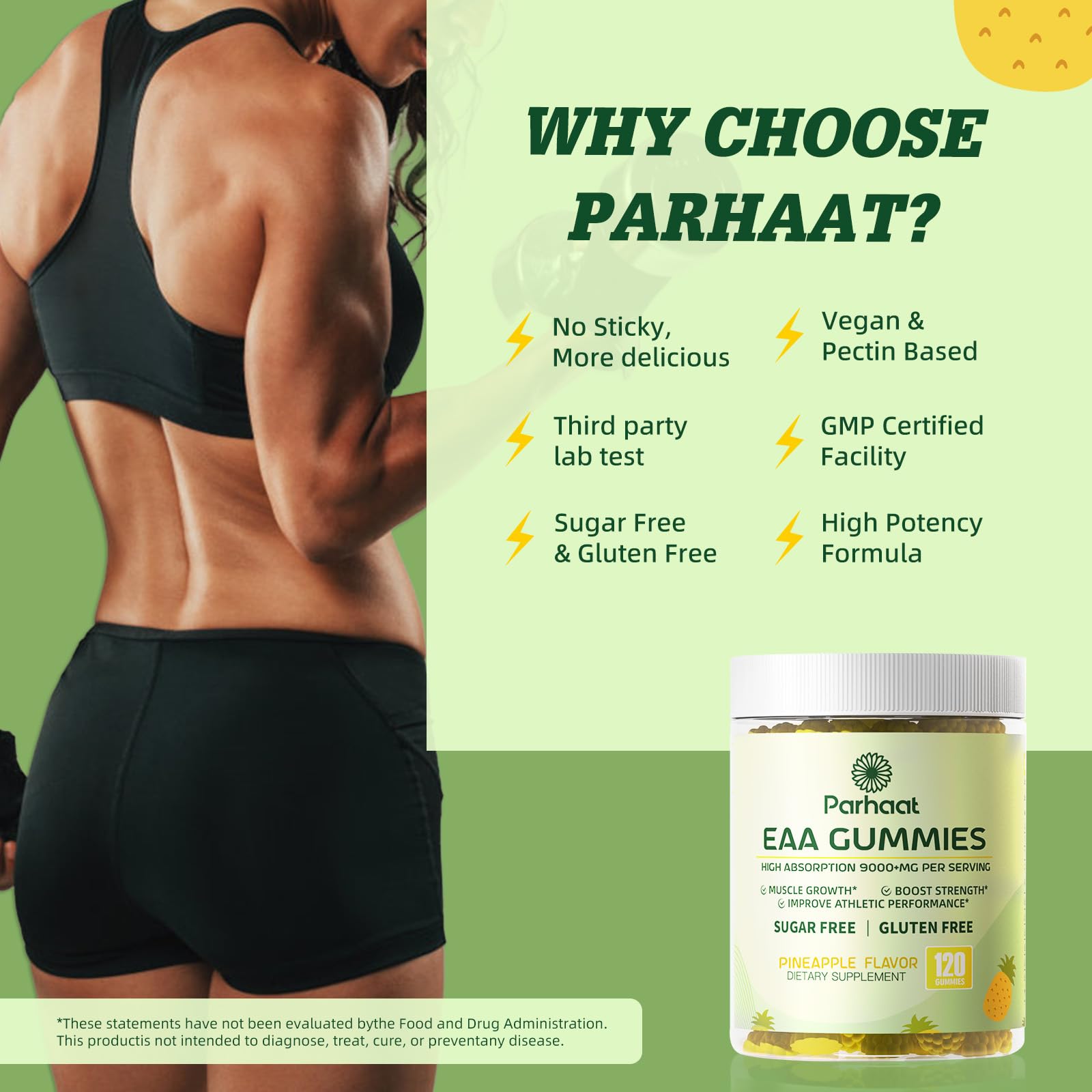 Parhaat EAA Gummies ingredient panel reveals nine EAAs and BCAAs.