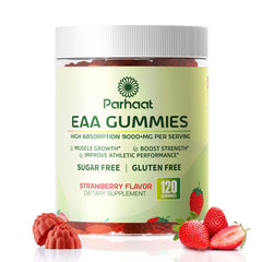 Parhaat EAA Gummies strawberry bottle front, energy support for workouts.