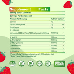Parhaat EAA Gummies strawberry bottle side, gluten-free and vegetarian friendly.