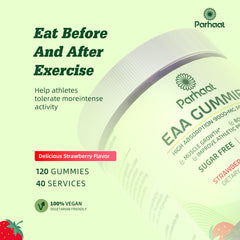 Parhaat EAA Gummies strawberry label, clear nutrition and third-party testing.