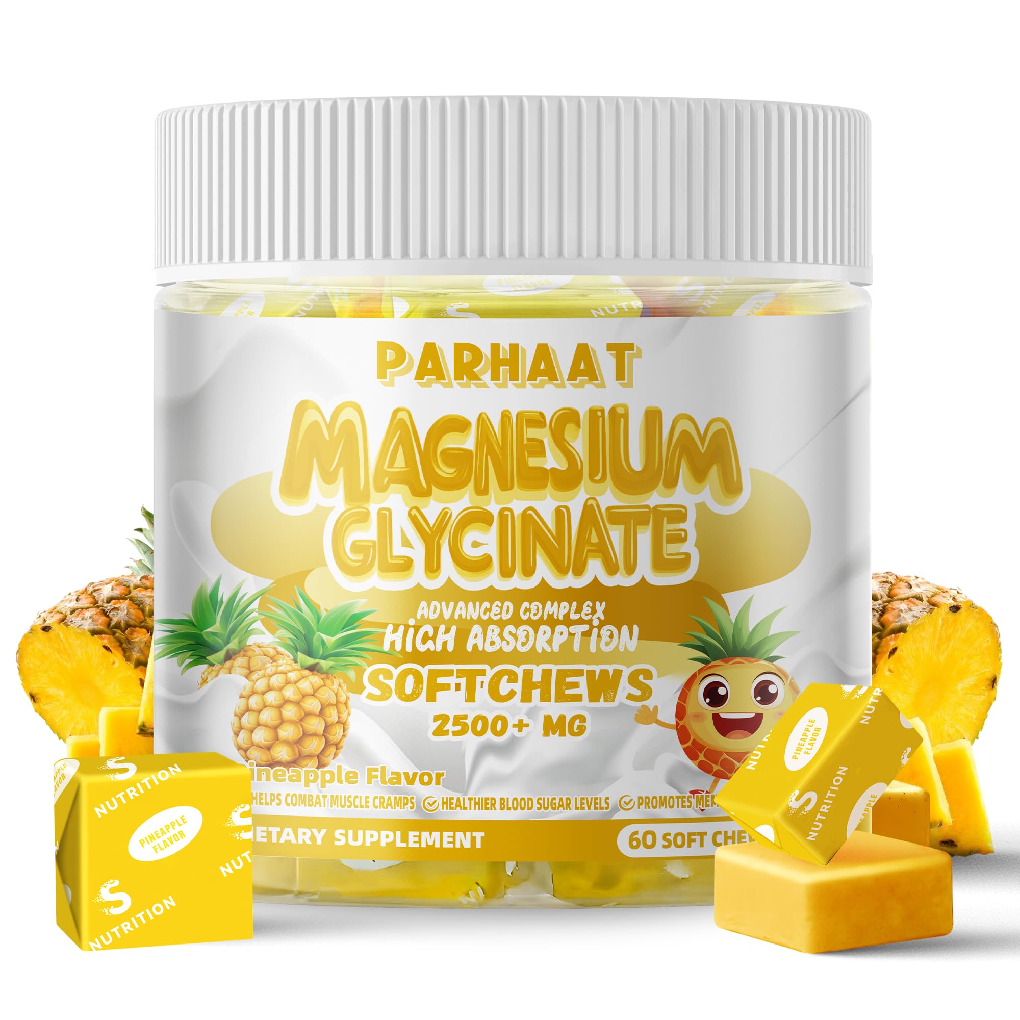 Parhaat magnesium glycinate soft chews pineapple bottle on-the-go calm support