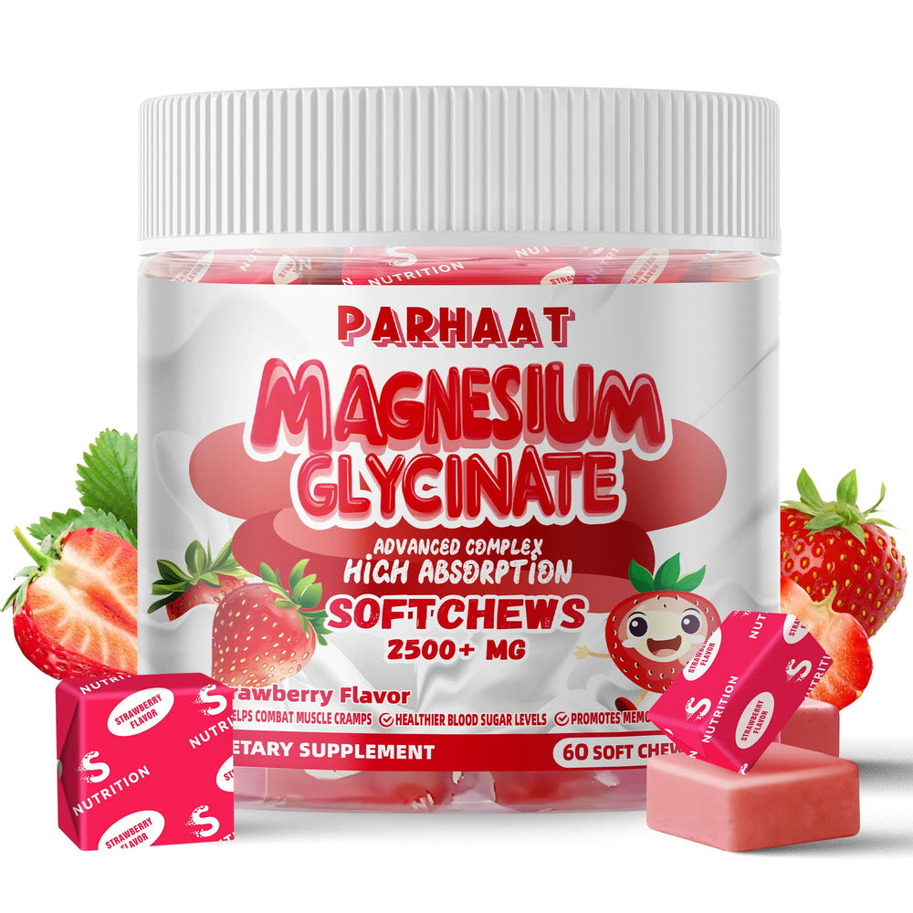 Parhaat Magnesium Glycinate Soft Chews strawberry bottle close-up for calm support.