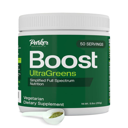 Parker Naturals Boost UltraGreens bottle front highlights the organic greens blend for daily vitality