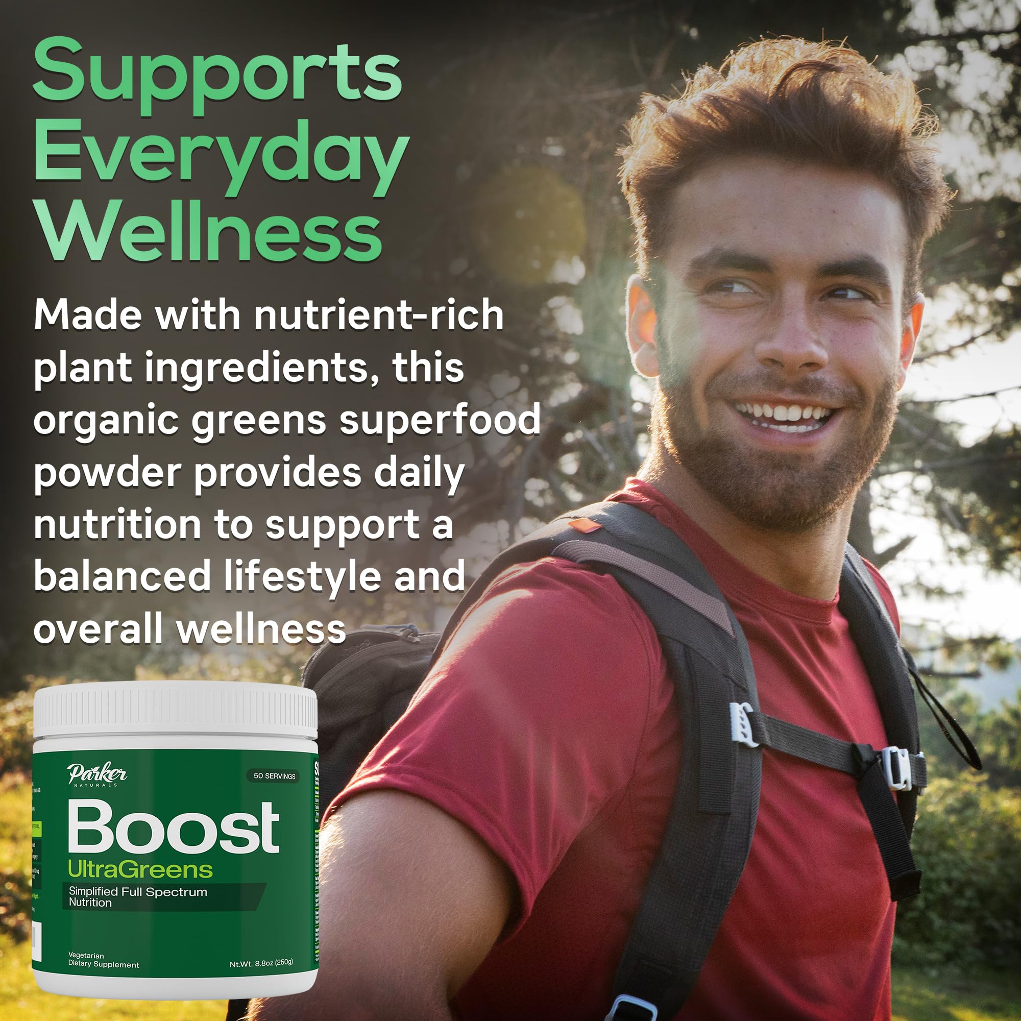 Parker Naturals Boost UltraGreens powder scoop indicates convenient, measured servings for quick daily nutrition