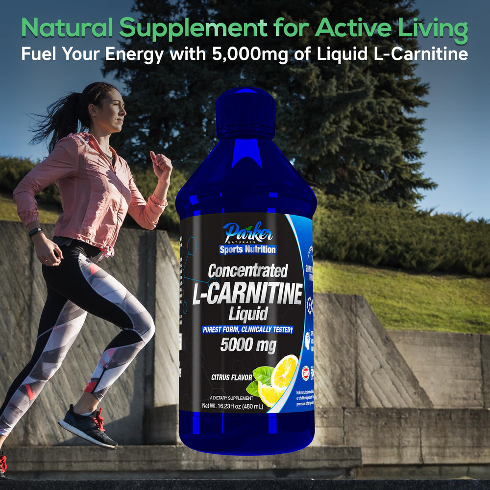 Active lifestyle setup with Parker Naturals L-Carnitine bottle beside workout gear.