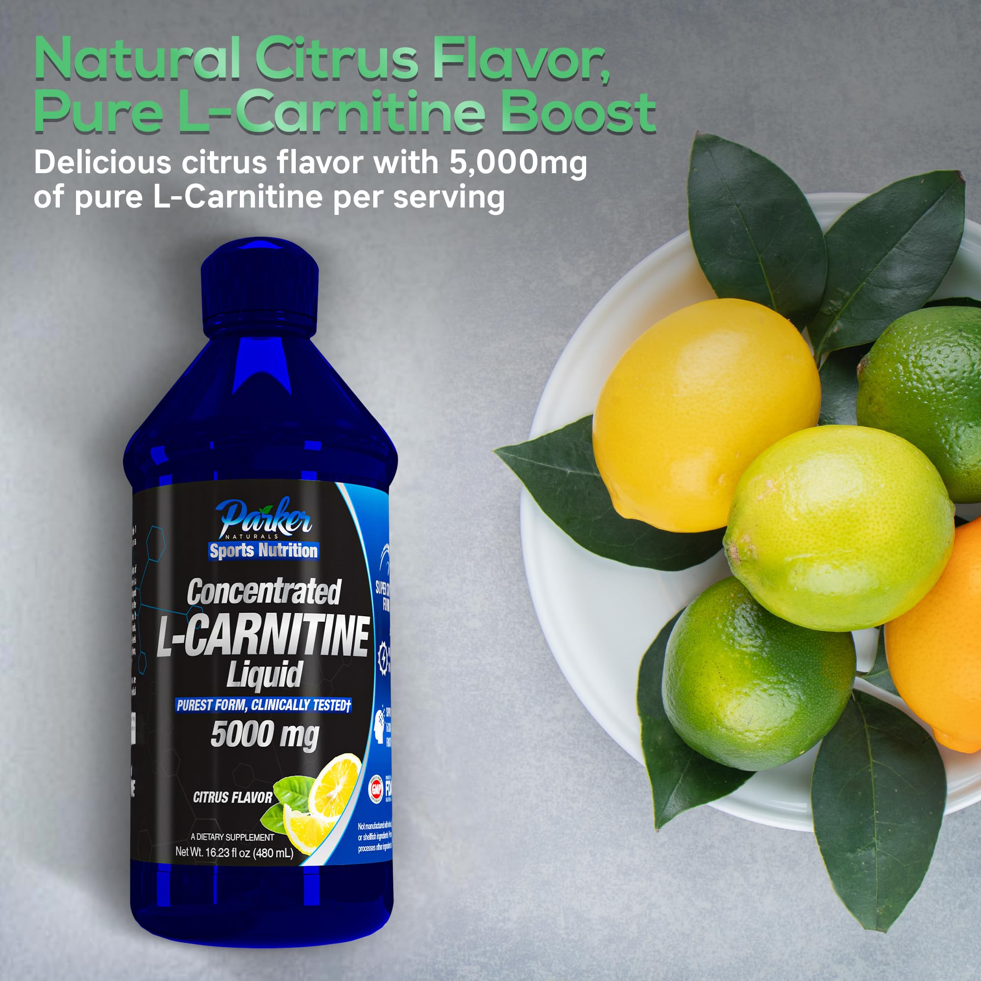 Close-up of Parker Naturals L-Carnitine label with Vitamin B5 details.
