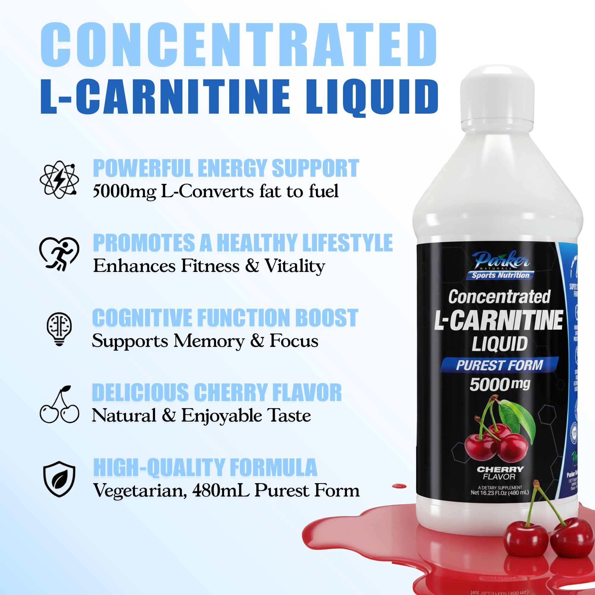 Close-up of Parker Naturals L-Carnitine bottle label with cherry flavor.
