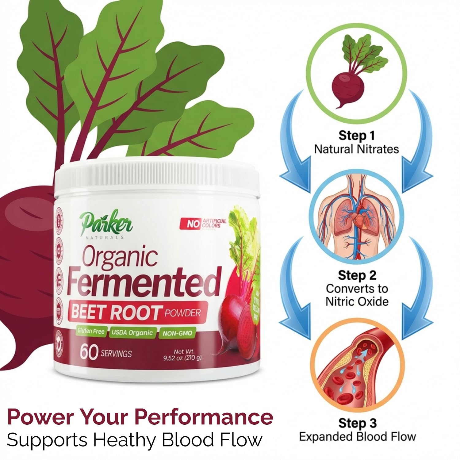 Parker Naturals organic fermented beet powder on kitchen counter for quick mixes