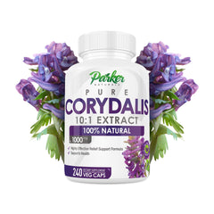 Parker Naturals Pure Corydalis bottle front shows potent 1000mg extract for natural support