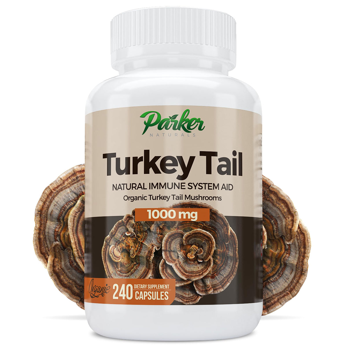 Parker Naturals Turkey Tail bottle close-up for daily immune wellness