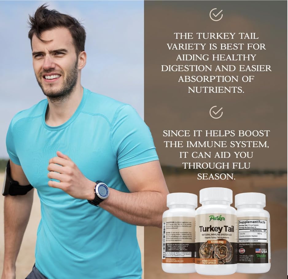 Parker Naturals turkey tail capsules close-up highlighting digestion support