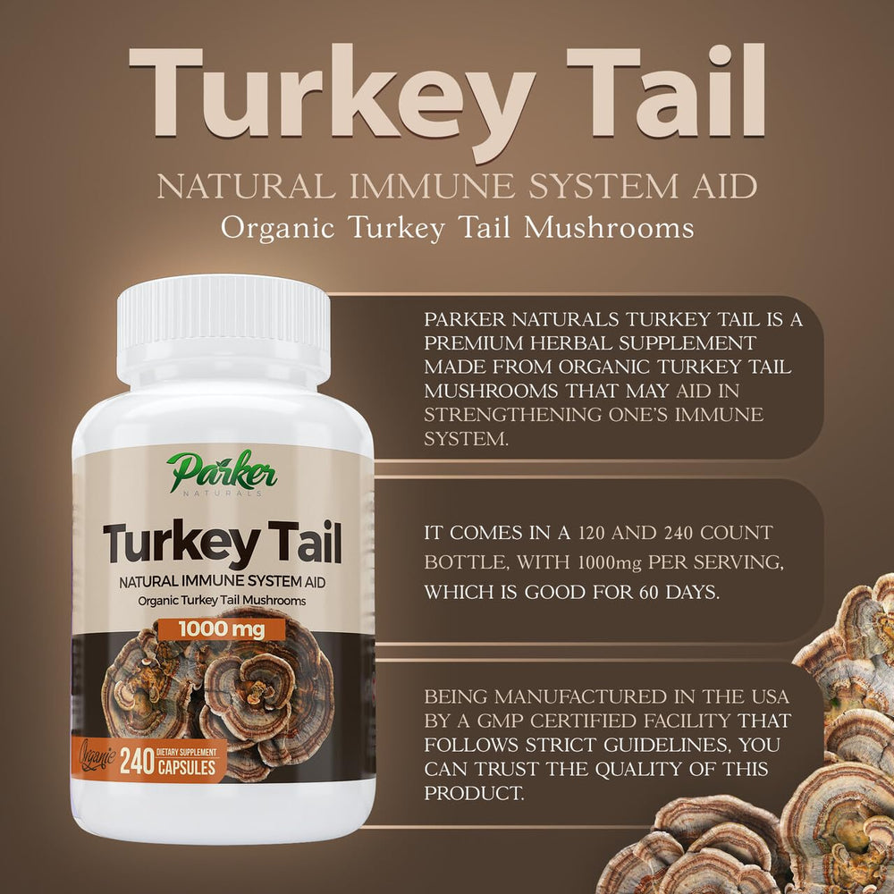 Parker Naturals turkey tail dried mushroom texture shown for authenticity