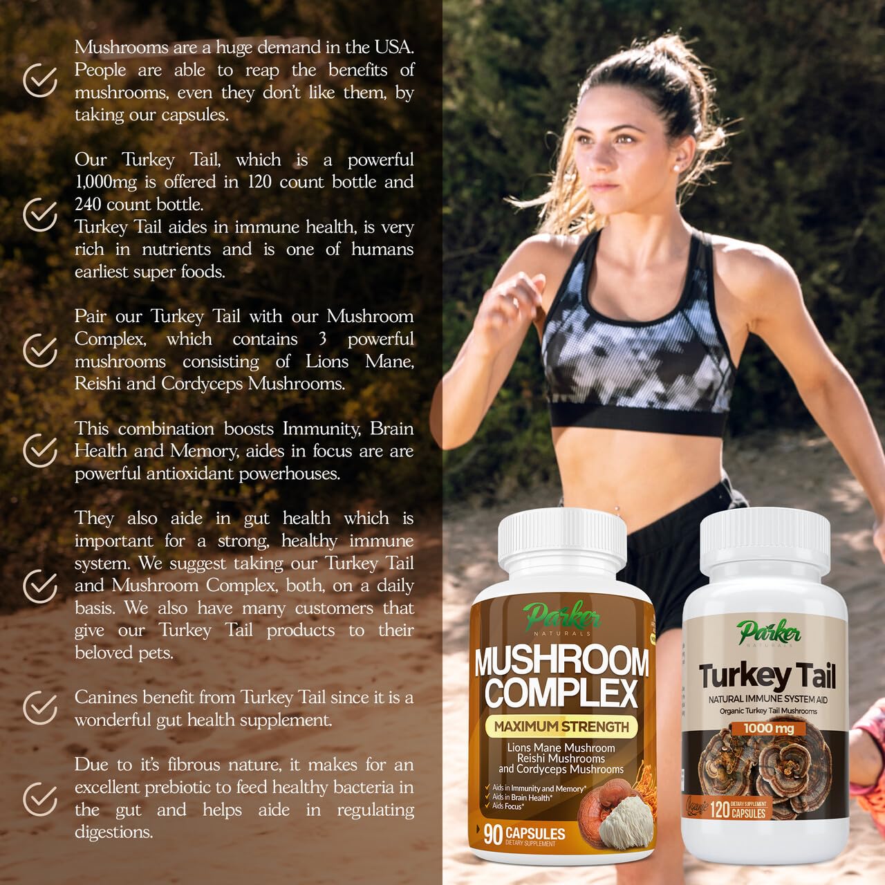 Parker Naturals turkey tail capsules with water illustrating easy daily use