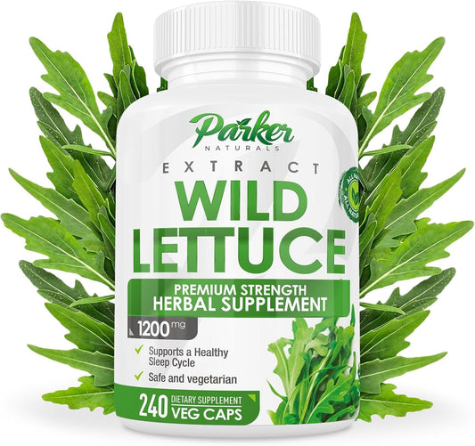 Parker Naturals Wild Lettuce Extract bottle showing 1200mg dose for relaxation.