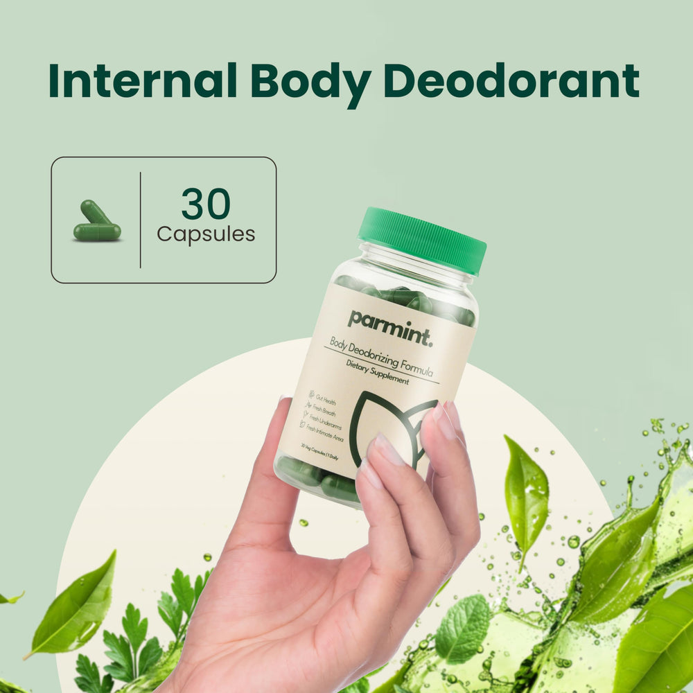 Parmint daily capsules closeup highlighting vegan, gluten-free formula for internal freshness