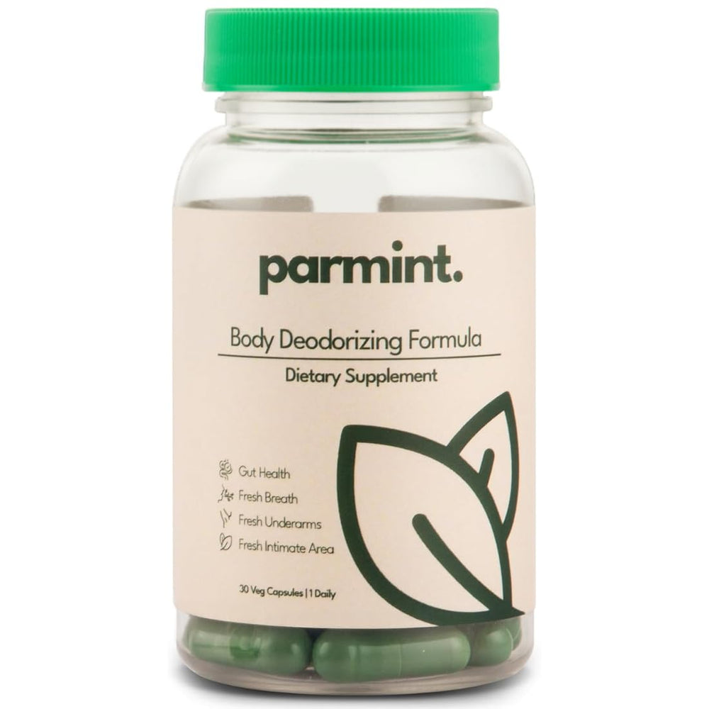 Parmint whole-body freshness bottle showing daily capsules for odor balance
