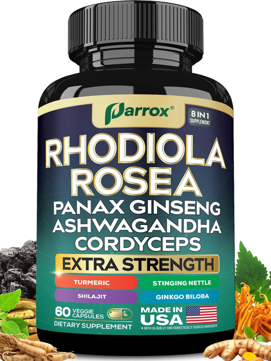 Parrox 8-in-1 adaptogen bottle closeup for easy daily wellness.