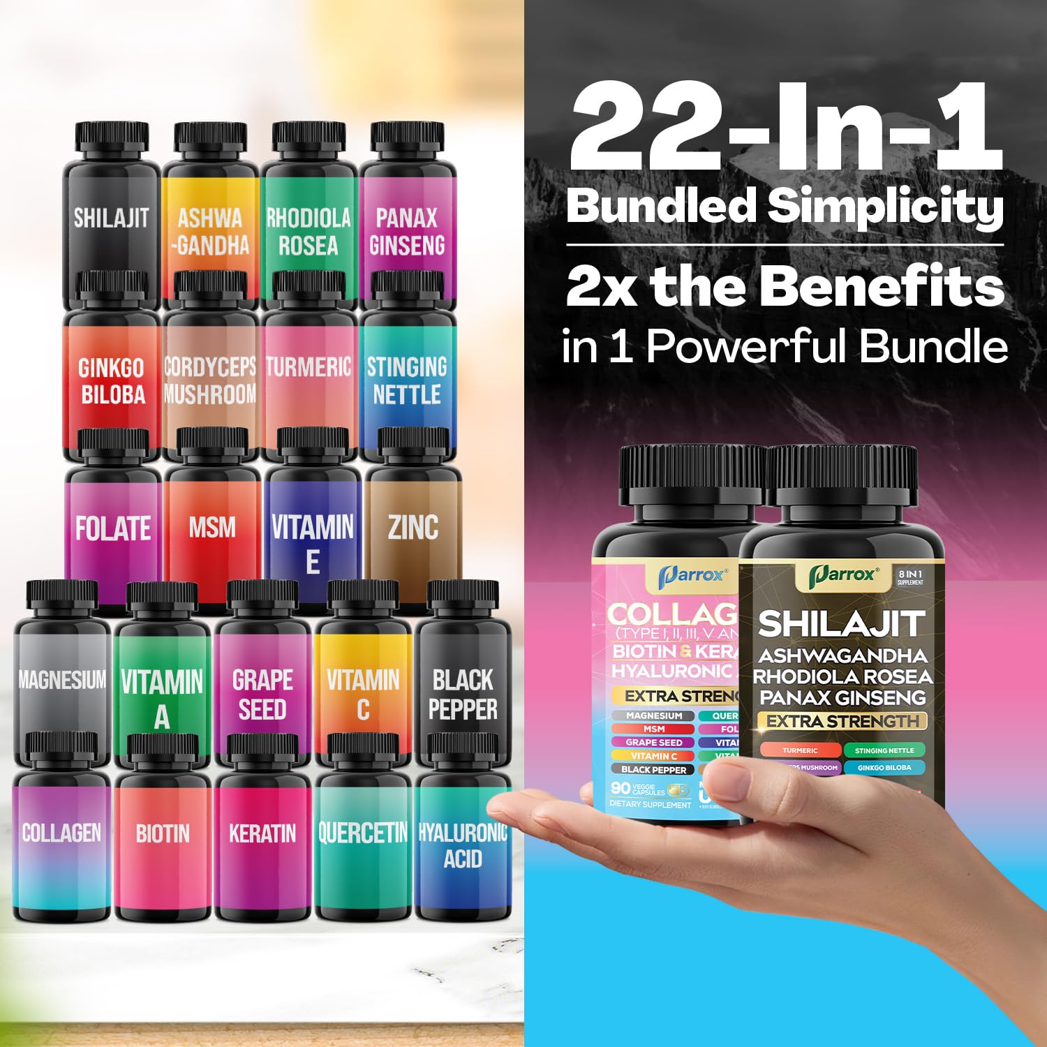 Close-up of label and ingredients on Parrox Adaptogen bundle.