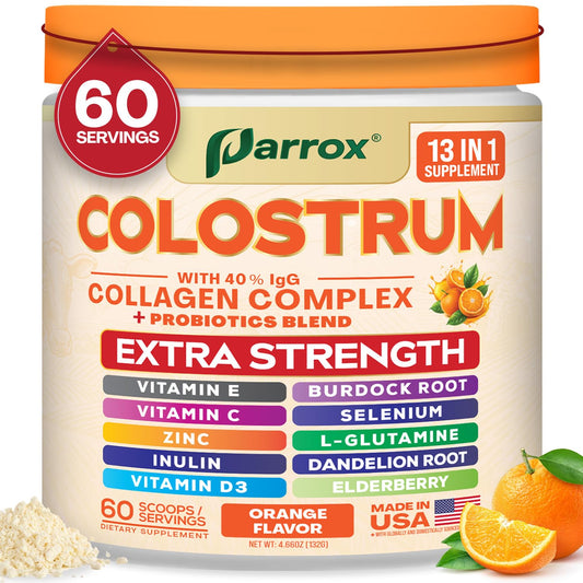 Parrox Colostrum Powder bottle front with 60 servings for daily use.