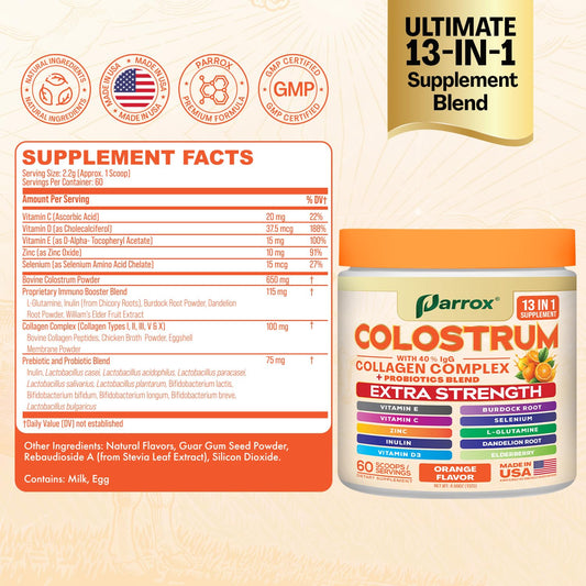 Parrox Colostrum Powder label close-up highlighting 40 IgG and USA quality.