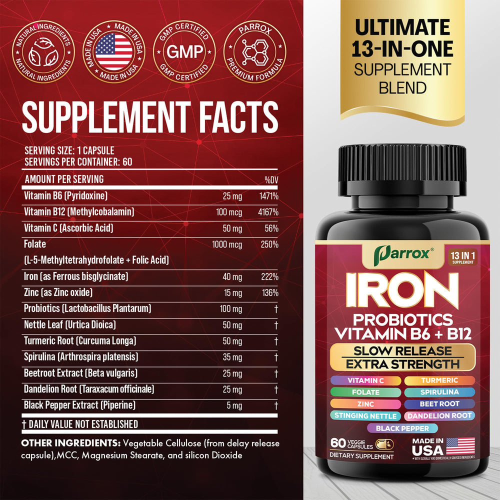 Parrox Elemental Iron capsules close-up highlighting slow-release formula.
