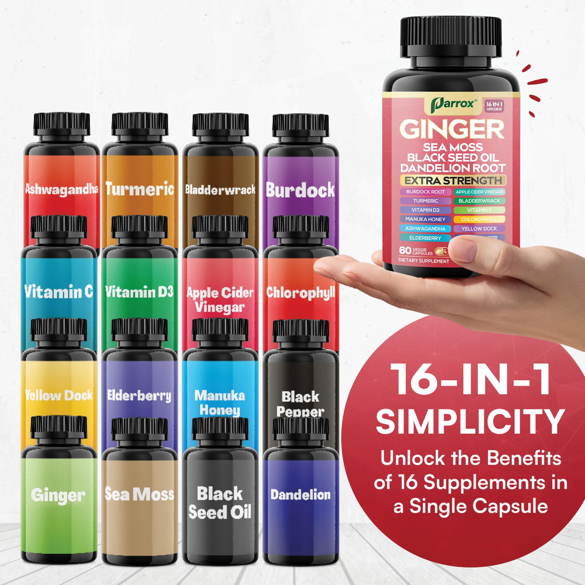 Parrox Ginger 16-in-1 bottle back reveals clean-label formulation for everyday use