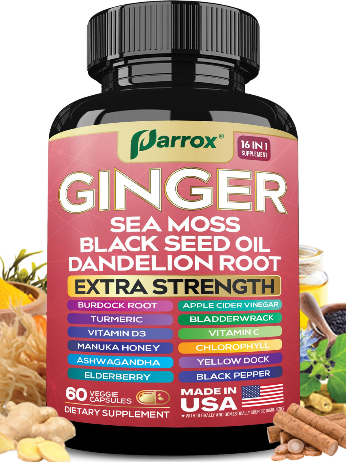 Parrox Ginger 16-in-1 bottle front supports daily wellness through a full-spectrum capsule blend