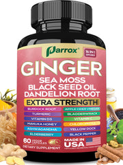 Parrox Ginger 16-in-1 bottle front supports daily wellness through a full-spectrum capsule blend