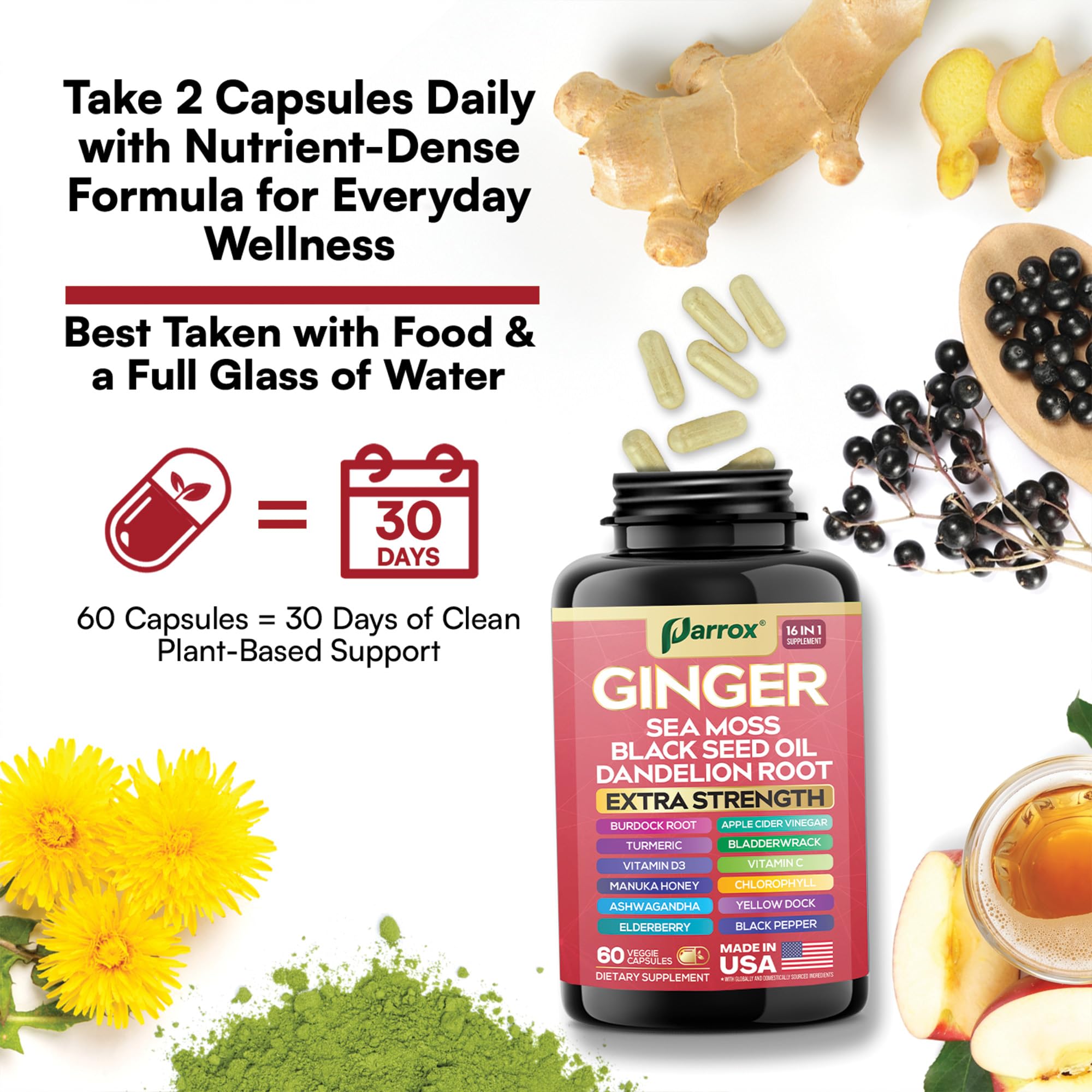 Parrox Ginger 16-in-1 capsules with water illustrate easy daily ritual