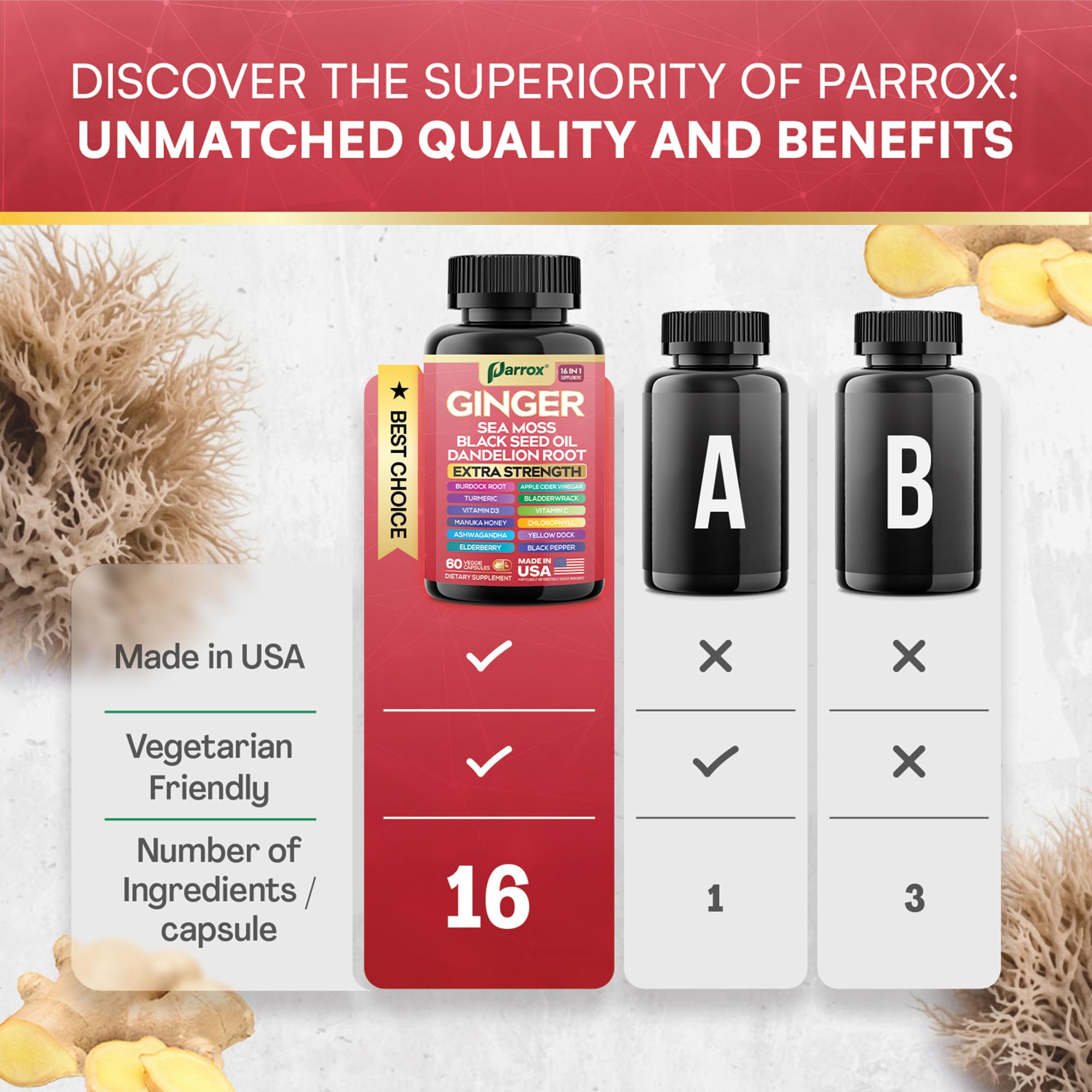 Parrox Ginger 16-in-1 ingredients-scene shows turmeric, ginger, botanicals for natural energy vibes