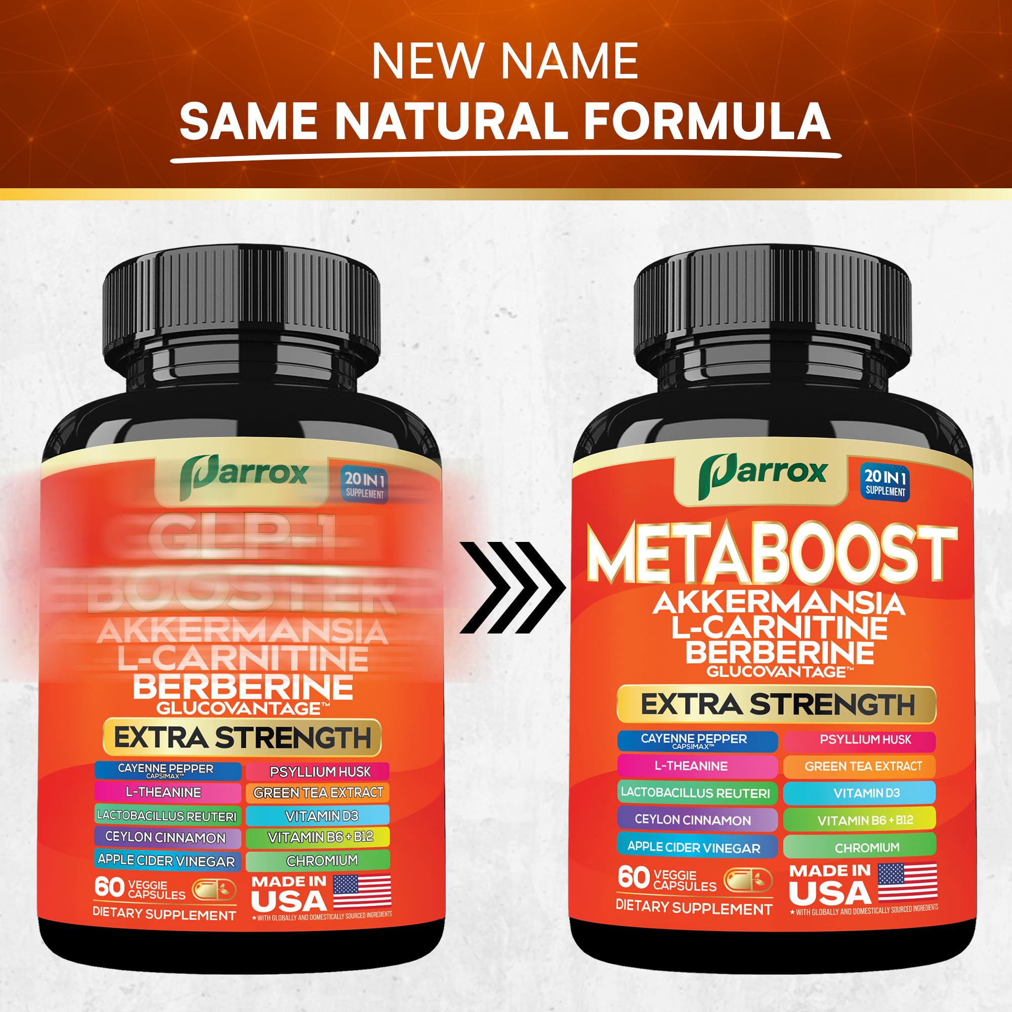 Parrox GLP-1 Booster capsules close-up, convenient daily intake.